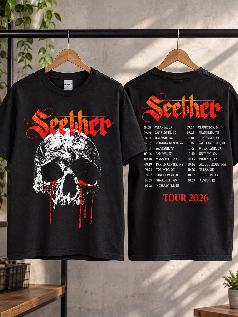 Seether Shirt Bleeding Skull 2 Sided Rock Concert Tour Dates Gildan Black Tee